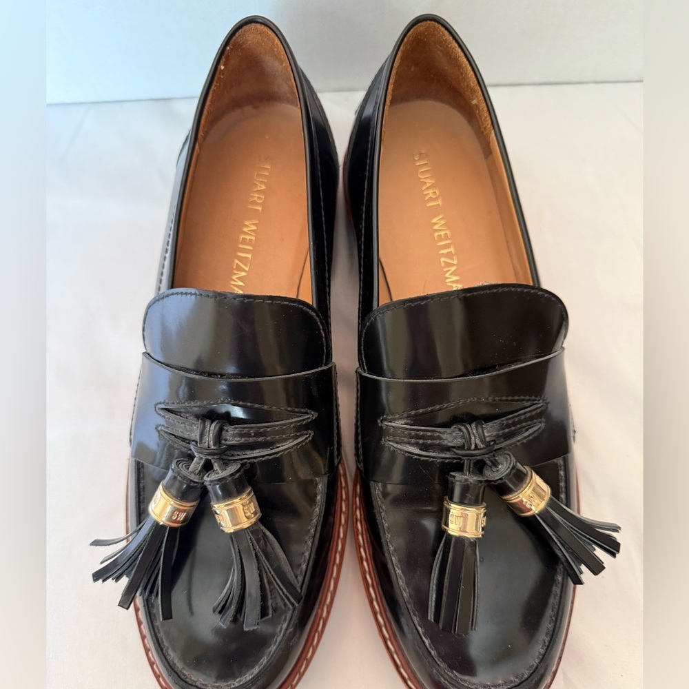 Stuart Weitzman Black Patent Tassel Loafers with Gold Accents - Picture 2 of 7
